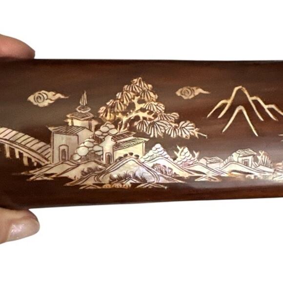 Vintage Wooden Chopstick Box with Inlaid  Mother of Pearl - Picture 7 of 8